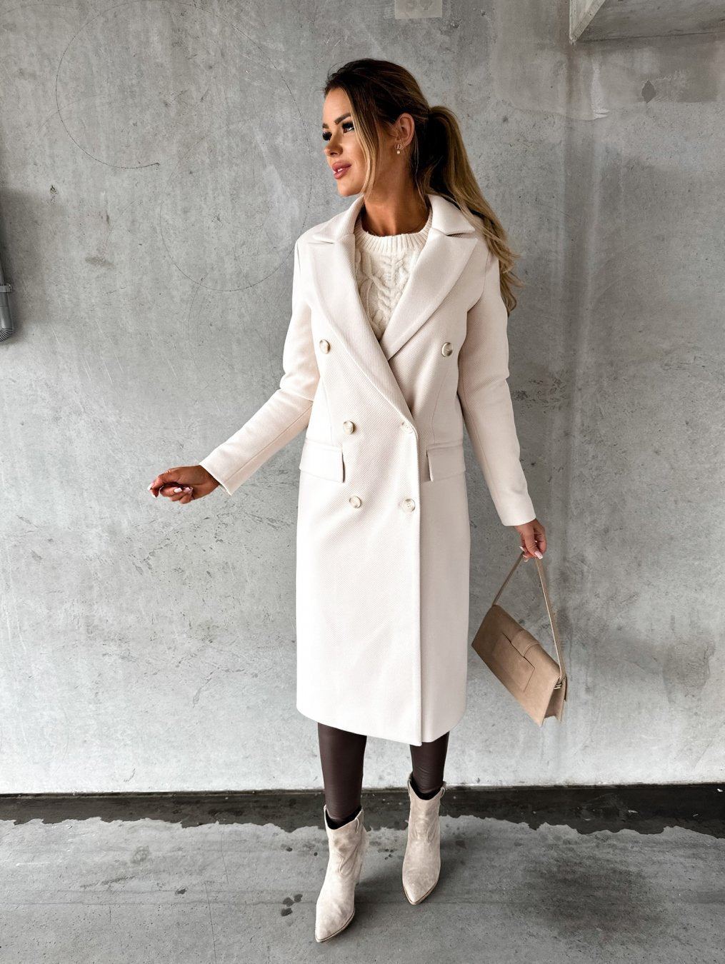 Solveiga | Damen Langer Mantel Zweireiher Wintermantel - Cream - Image 1