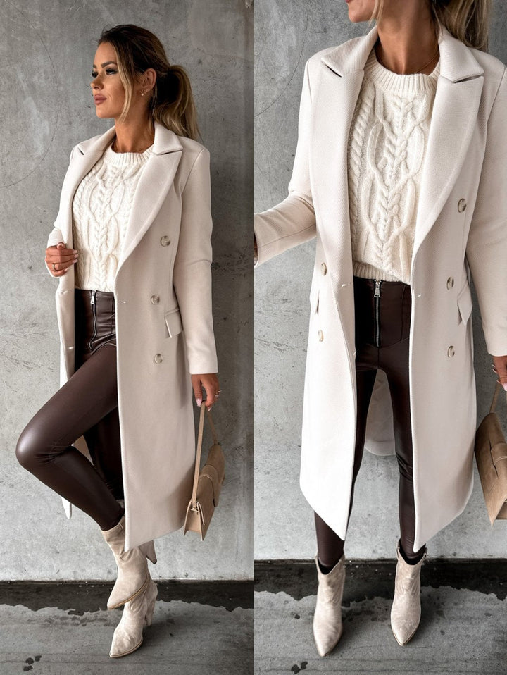 Solveiga | Damen Langer Mantel Zweireiher Wintermantel - Cream - Image 3