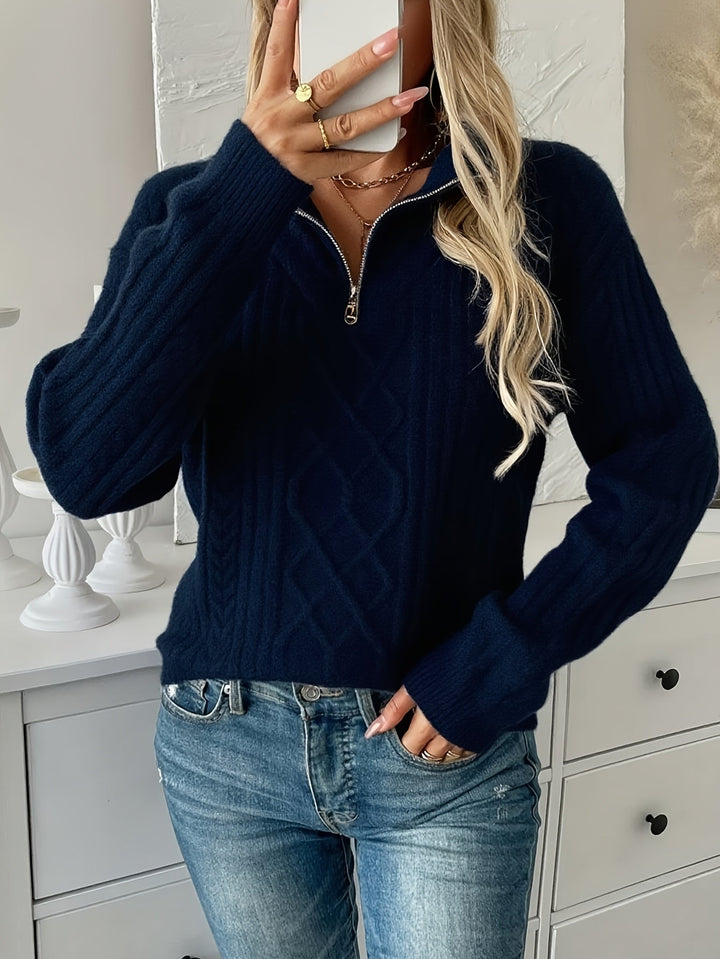 Solveka | Damen Strickpullover mit Halbzip Kabelstrick - Navy - Image 7