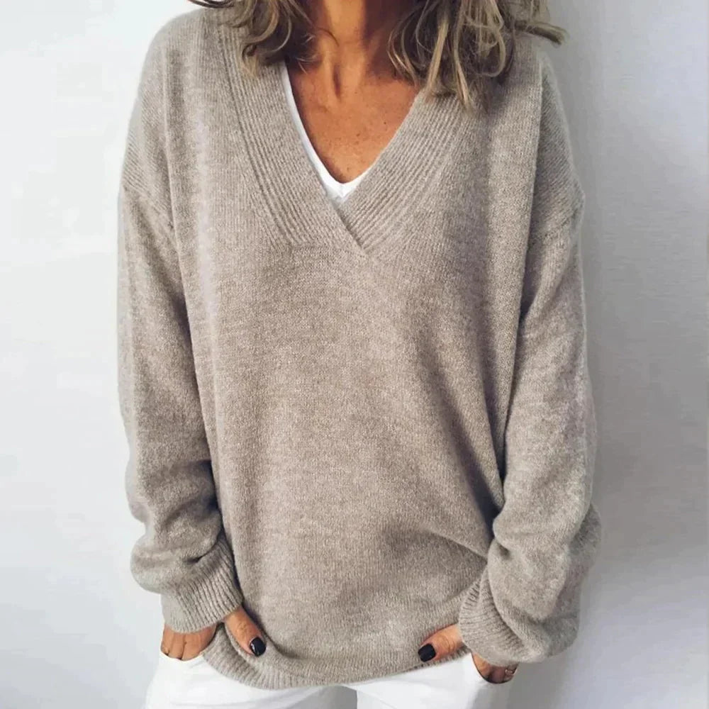 Solvika | Damen Oversized Strickpullover V-Ausschnitt - Taupe - Image 1