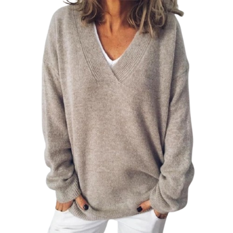 Solvika | Damen Oversized Strickpullover V-Ausschnitt - Taupe - Image 2
