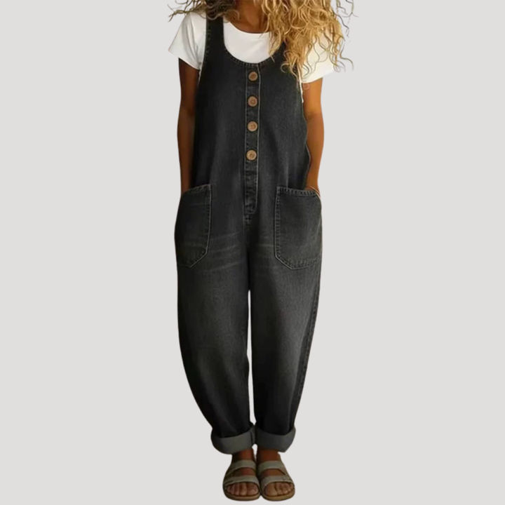 Solvita | Damen Weite Jeans Latzhose Ärmellos - Black - Image 1
