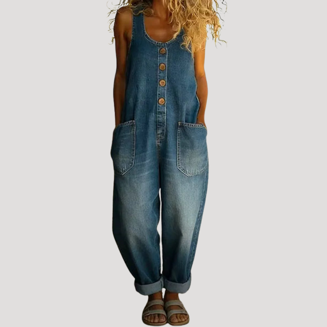 Solvita | Damen Weite Jeans Latzhose Ärmellos - Black - Image 2