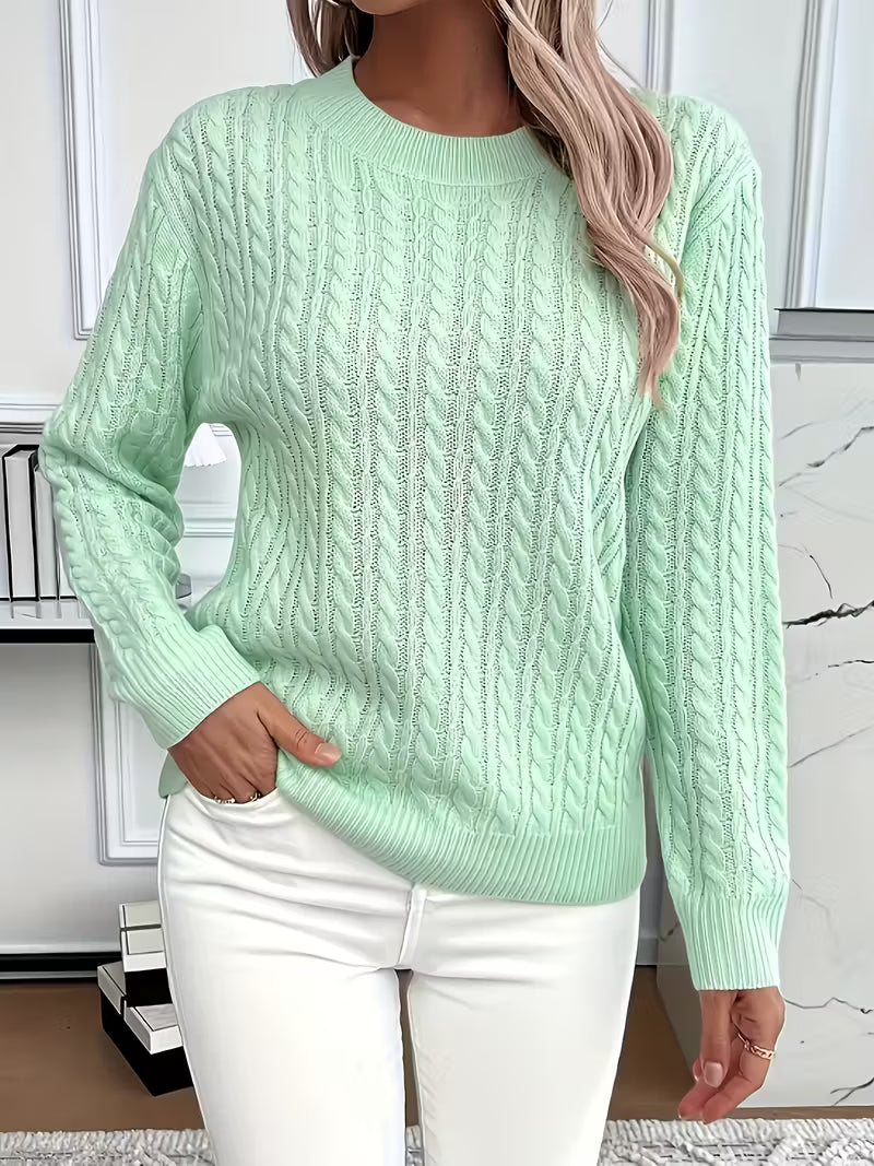 Solwina | Damen Zopfmuster Strickpullover Langarm - Light Green - Image 1