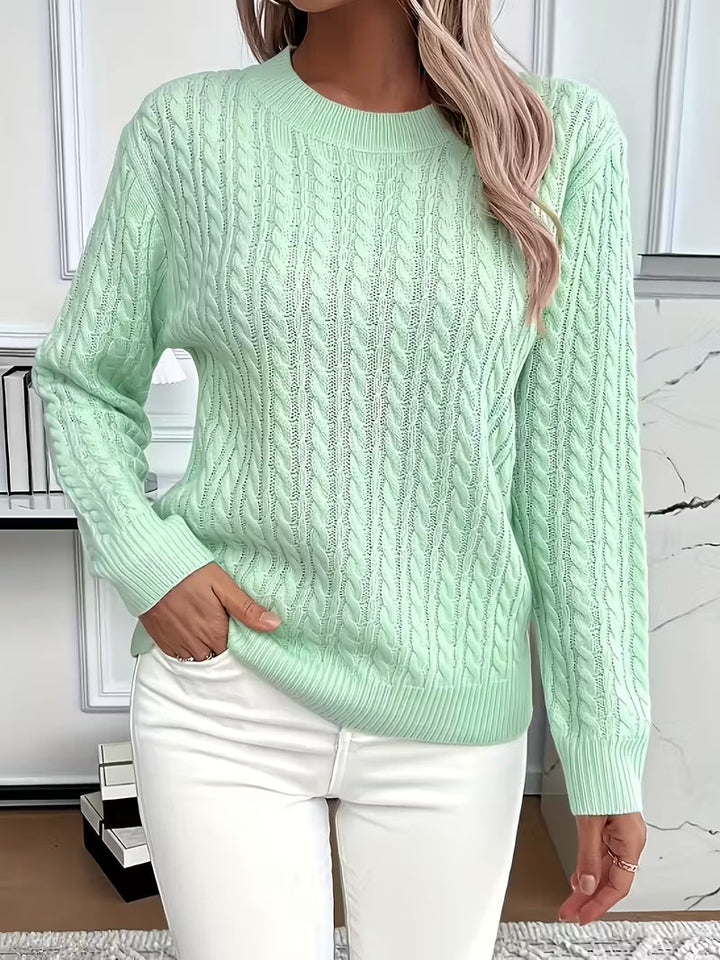 Solwina | Damen Zopfmuster Strickpullover Langarm - Light Green - Image 1
