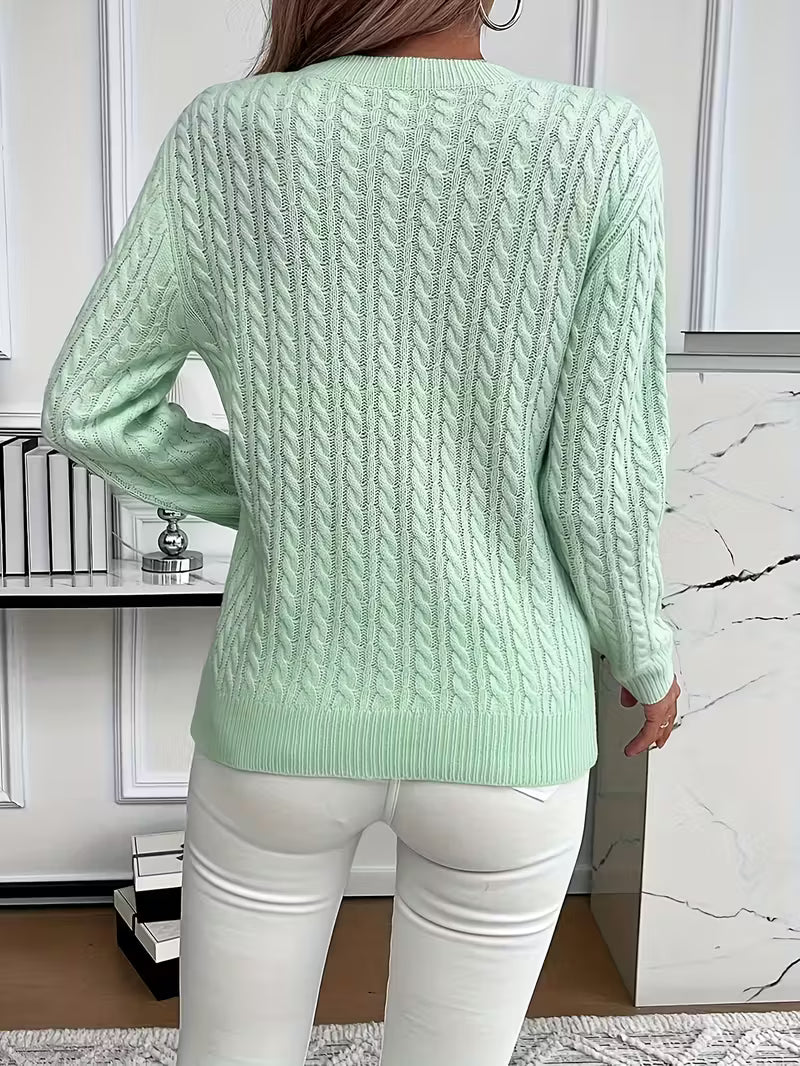 Solwina | Damen Zopfmuster Strickpullover Langarm - Light Green - Image 12