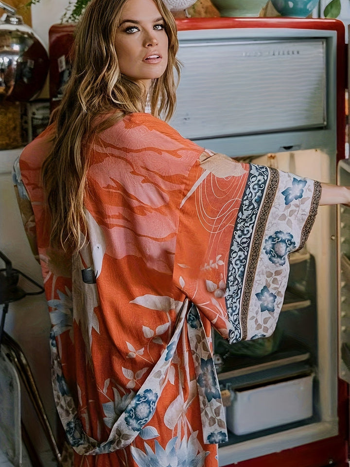 Soraya | Damen Boho Kimono Blumenprint Maxi-Länge - Orange - Image 1
