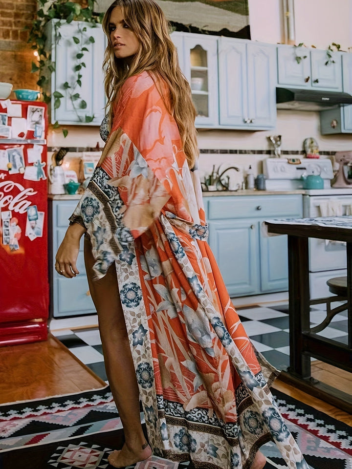 Soraya | Damen Boho Kimono Blumenprint Maxi-Länge - Orange - Image 10