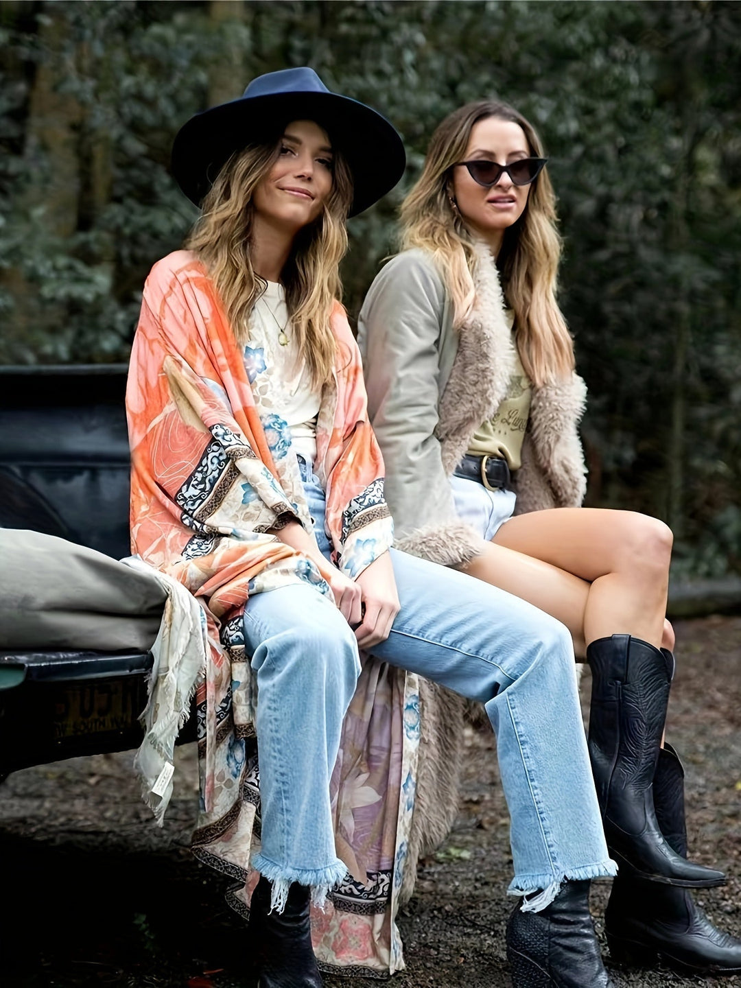 Soraya | Damen Boho Kimono Blumenprint Maxi-Länge - Orange - Image 2