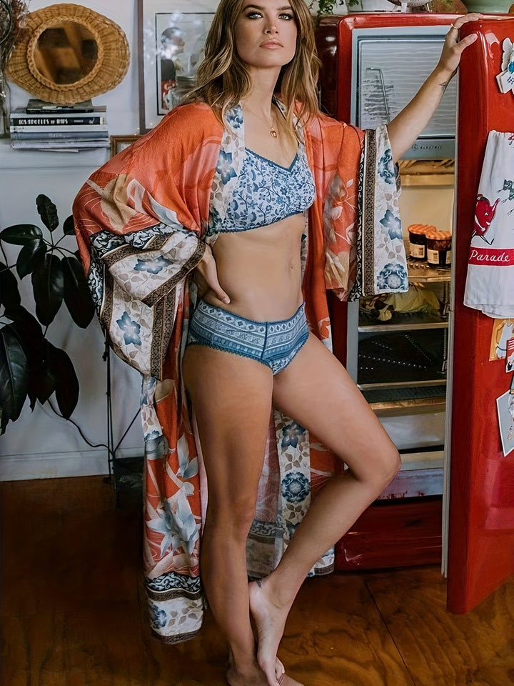 Soraya | Damen Boho Kimono Blumenprint Maxi-Länge - Orange - Image 3
