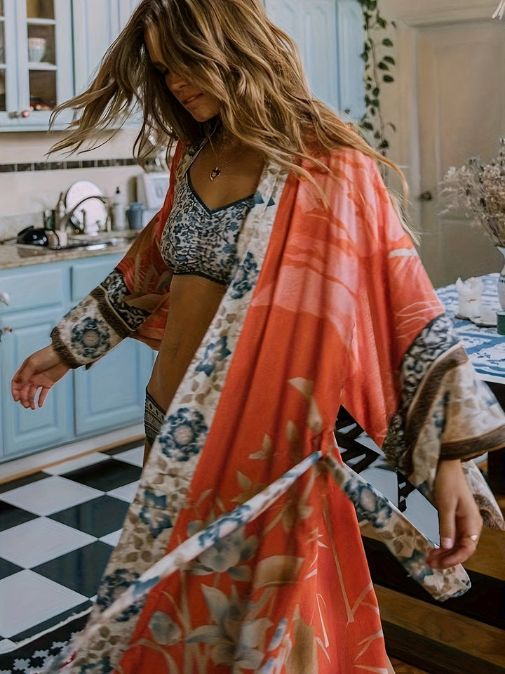 Soraya | Damen Boho Kimono Blumenprint Maxi-Länge - Orange - Image 4