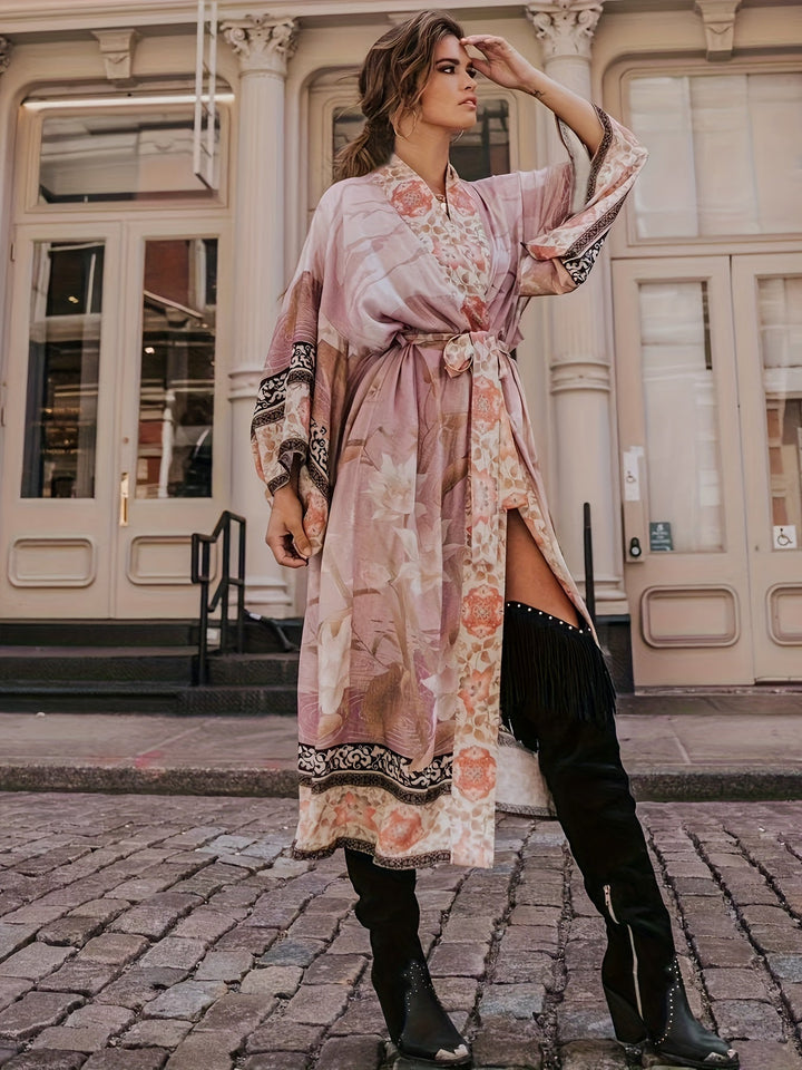 Soraya | Damen Boho Kimono Blumenprint Maxi-Länge - Orange - Image 9