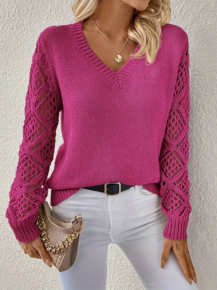 Sorcha | Damen Strickpullover V-Ausschnitt Häkelärmel - Beige - Image 4