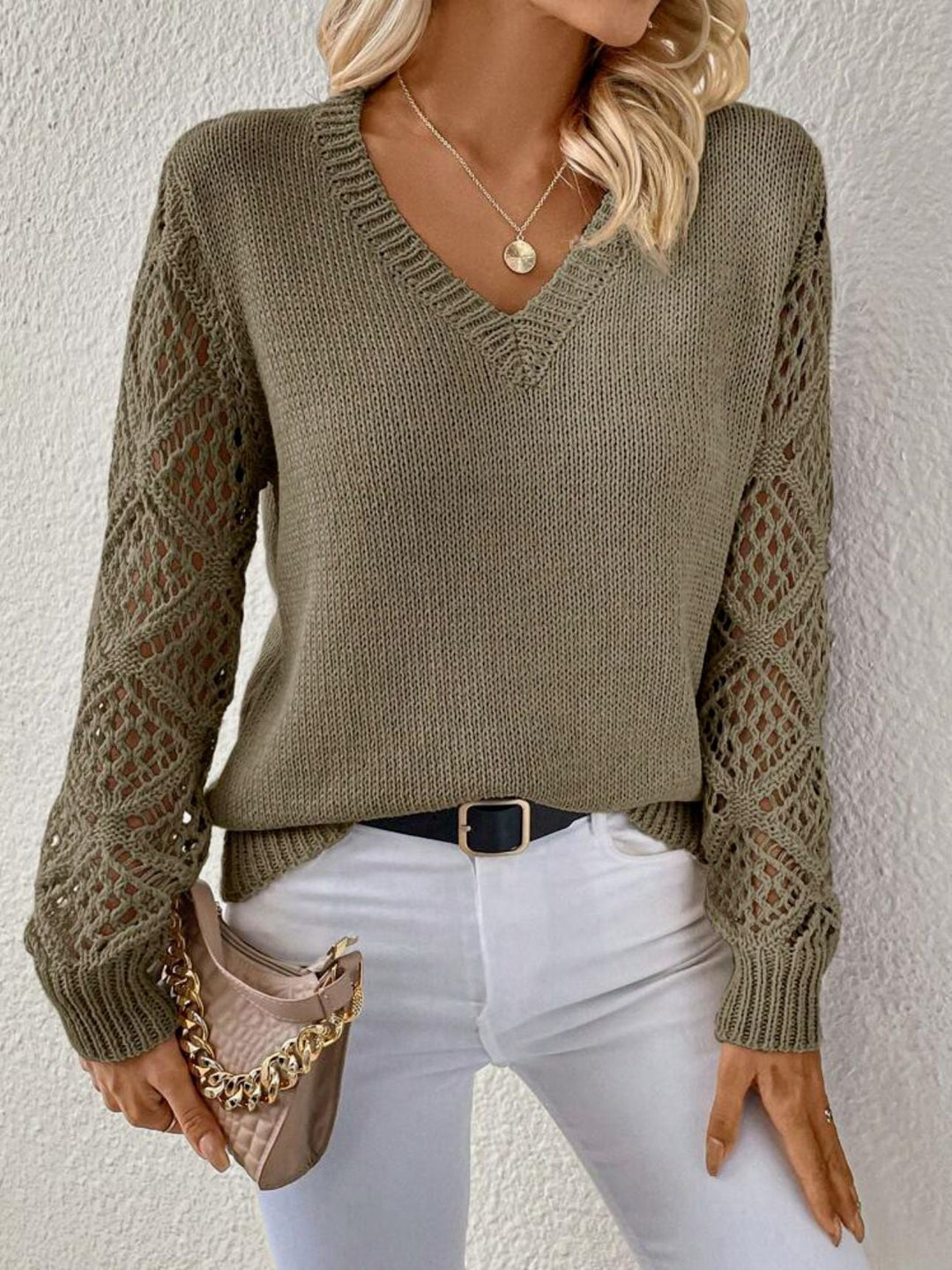 Sorcha | Damen Strickpullover V-Ausschnitt Häkelärmel - Beige - Image 5