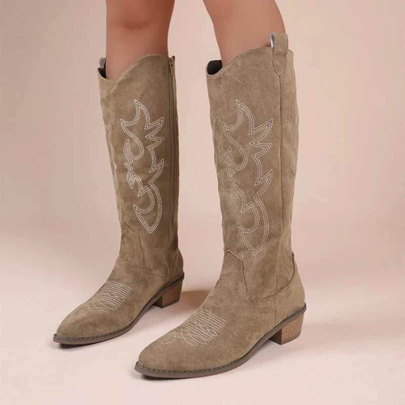 Sorla | Damen Weite Wade Cowboystiefel Kniehoch - Beige - Image 4
