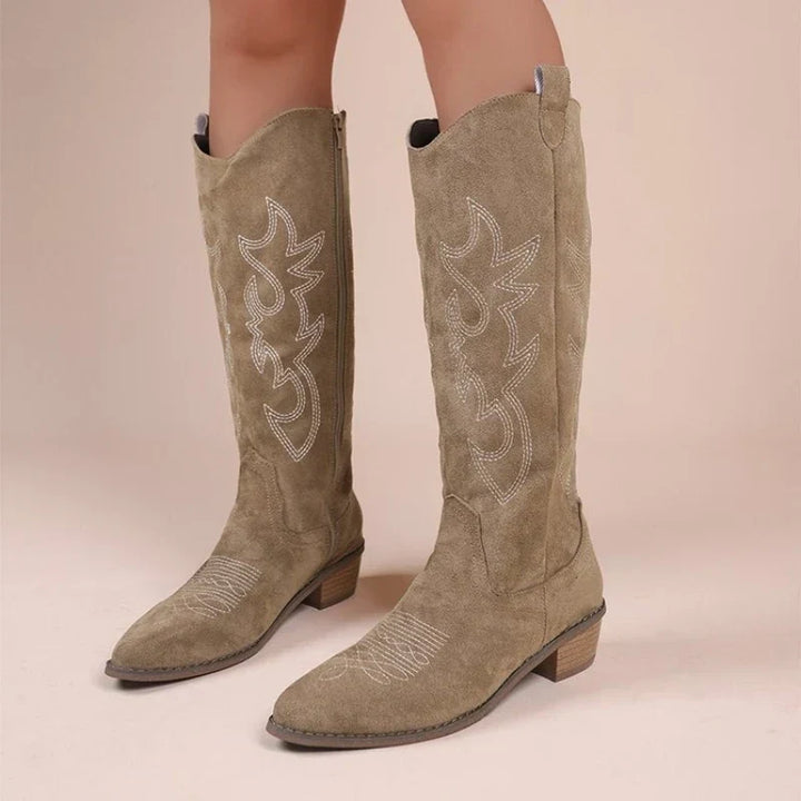 Sorla | Damen Weite Wade Cowboystiefel Kniehoch - Beige - Image 4