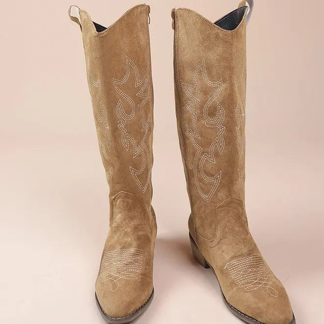 Sorla | Damen Weite Wade Cowboystiefel Kniehoch - Beige - Image 5