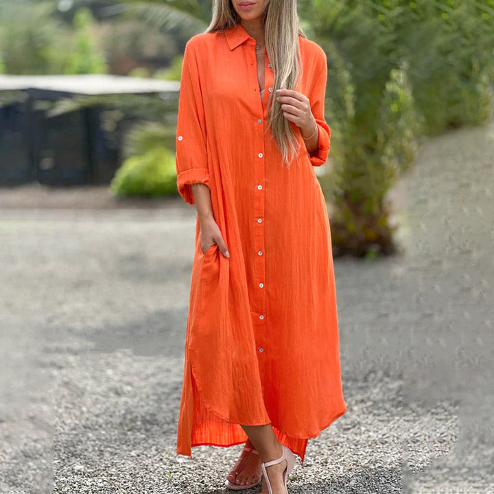 Clara | Damen Maxi Hemdblusenkleid Langarm Knopfleiste Sommerkleid
