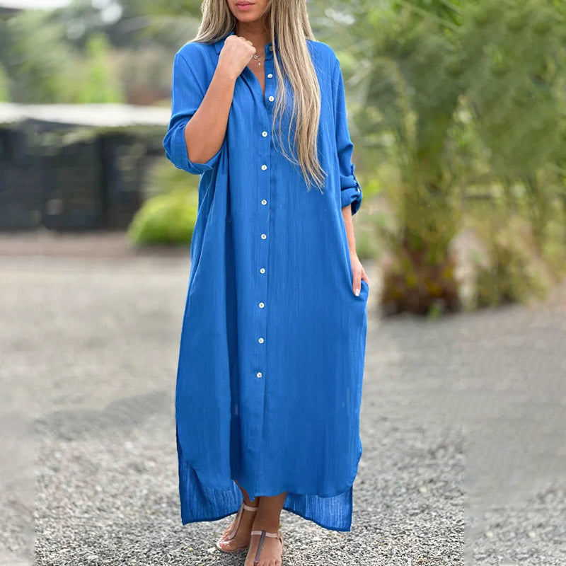 Clara | Damen Maxi Hemdblusenkleid Langarm Knopfleiste Sommerkleid