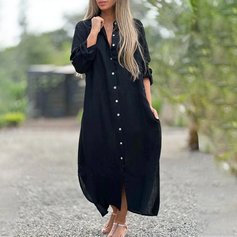 Clara | Damen Maxi Hemdblusenkleid Langarm Knopfleiste Sommerkleid