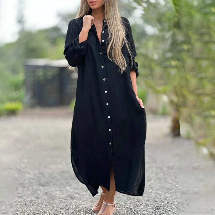 Clara | Damen Maxi Hemdblusenkleid Langarm Knopfleiste Sommerkleid