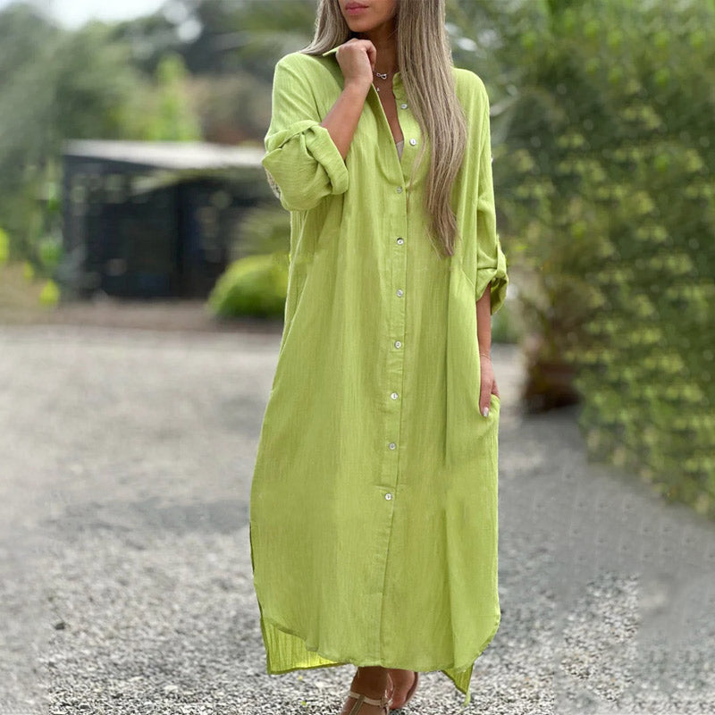 Clara | Damen Maxi Hemdblusenkleid Langarm Knopfleiste Sommerkleid