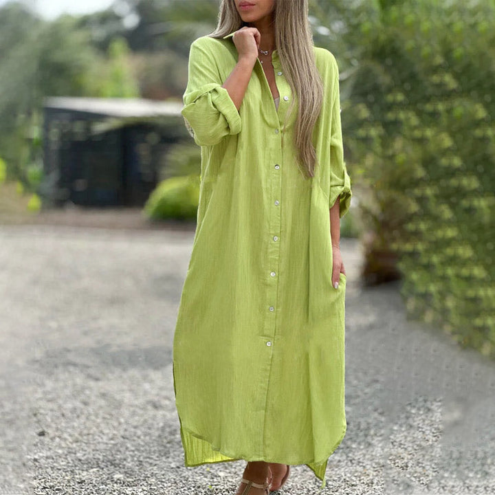 Clara | Damen Maxi Hemdblusenkleid Langarm Knopfleiste Sommerkleid