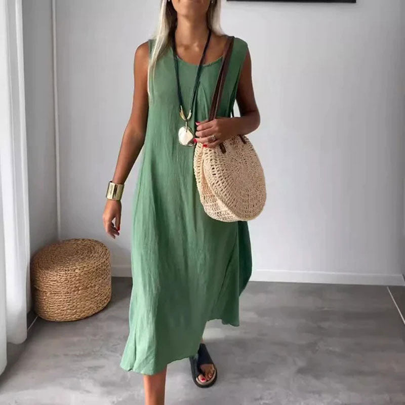 Cleo | Damen Leinenkleid Ärmellos Maxi Sommerkleid Mit Taschen