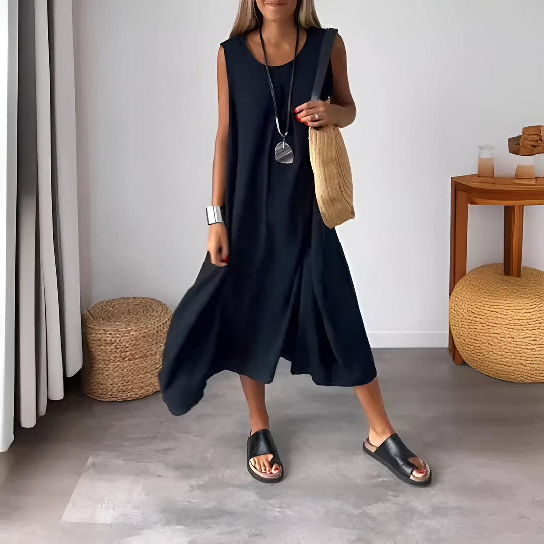 Cleo | Damen Leinenkleid Ärmellos Maxi Sommerkleid Mit Taschen