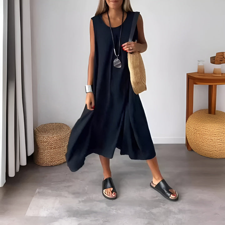 Cleo | Damen Leinenkleid Ärmellos Maxi Sommerkleid Mit Taschen