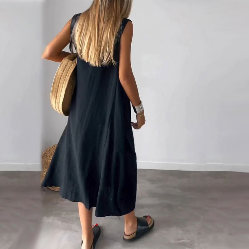 Cleo | Damen Leinenkleid Ärmellos Maxi Sommerkleid Mit Taschen