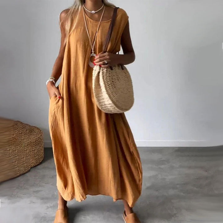 Cleo | Damen Leinenkleid Ärmellos Maxi Sommerkleid Mit Taschen