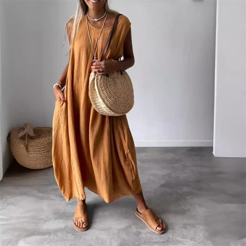 Cleo | Damen Leinenkleid Ärmellos Maxi Sommerkleid Mit Taschen