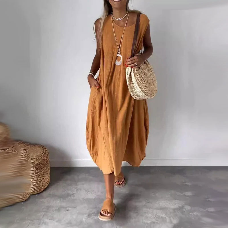 Cleo | Damen Leinenkleid Ärmellos Maxi Sommerkleid Mit Taschen