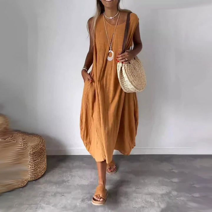 Cleo | Damen Leinenkleid Ärmellos Maxi Sommerkleid Mit Taschen