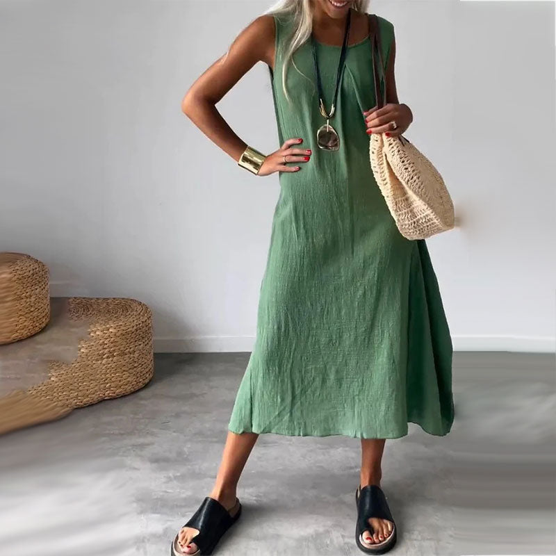 Cleo | Damen Leinenkleid Ärmellos Maxi Sommerkleid Mit Taschen