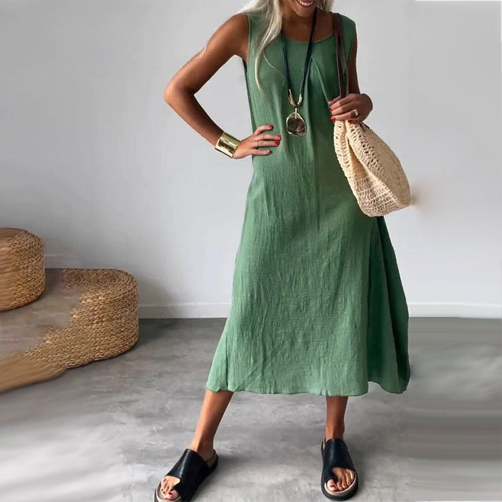 Cleo | Damen Leinenkleid Ärmellos Maxi Sommerkleid Mit Taschen