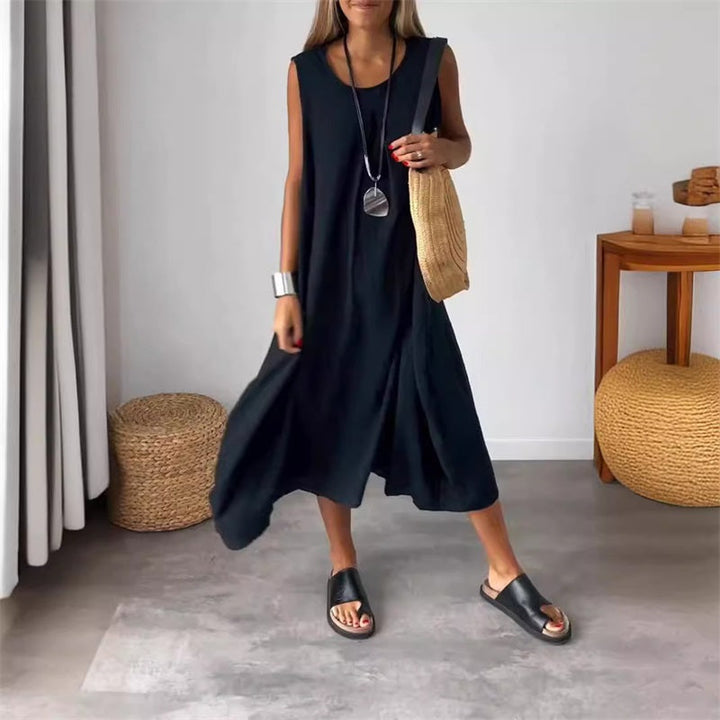 Cleo | Damen Leinenkleid Ärmellos Maxi Sommerkleid Mit Taschen