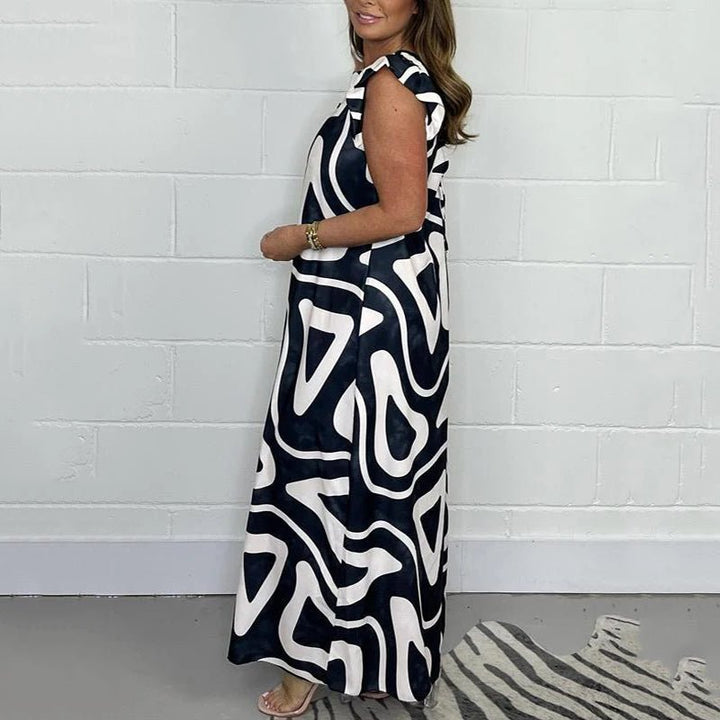 Zian | Damen Jumpsuit Grafik Print V-Ausschnitt Rüschenärmel Maxi