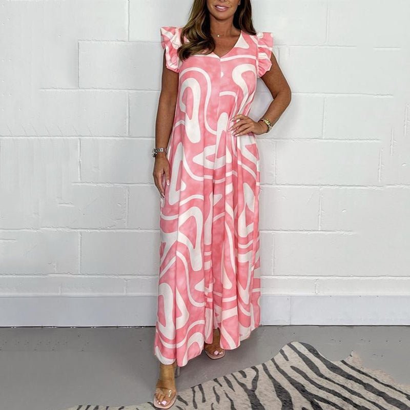 Zian | Damen Jumpsuit Grafik Print V-Ausschnitt Rüschenärmel Maxi