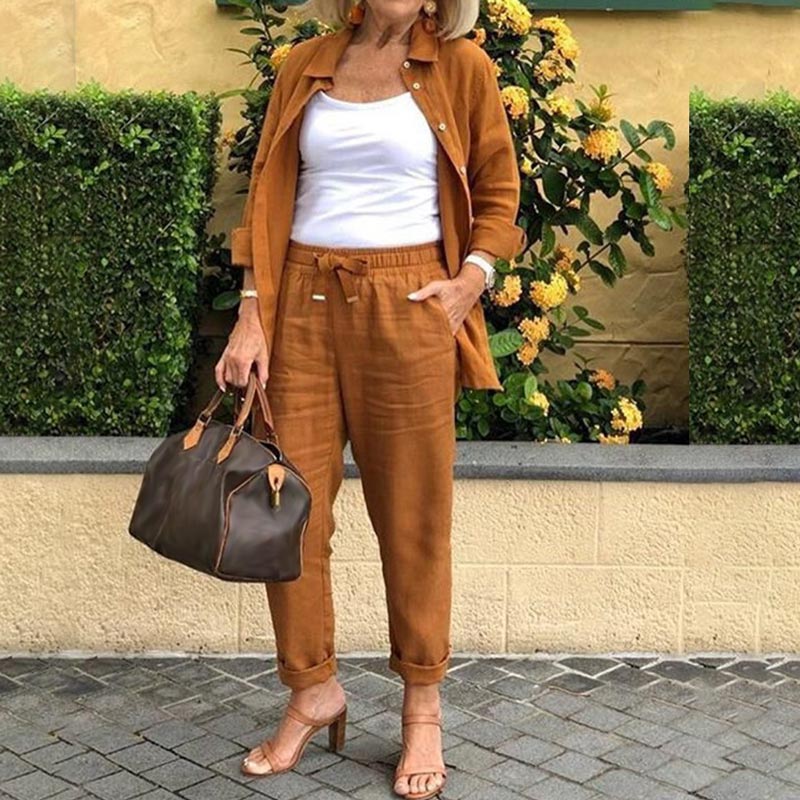 Ivy | Damen Set 2-teilig Langarm Hemd Hose Casual Elegant