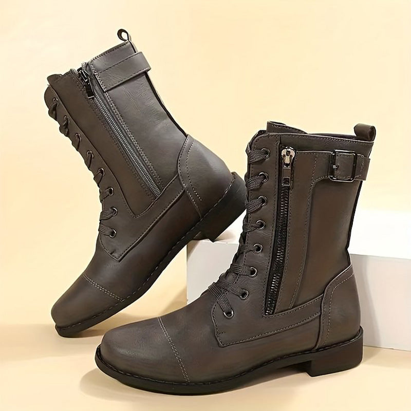 Rosalie | Damen Schnürstiefel mit Reißverschluss Flache Stiefel
