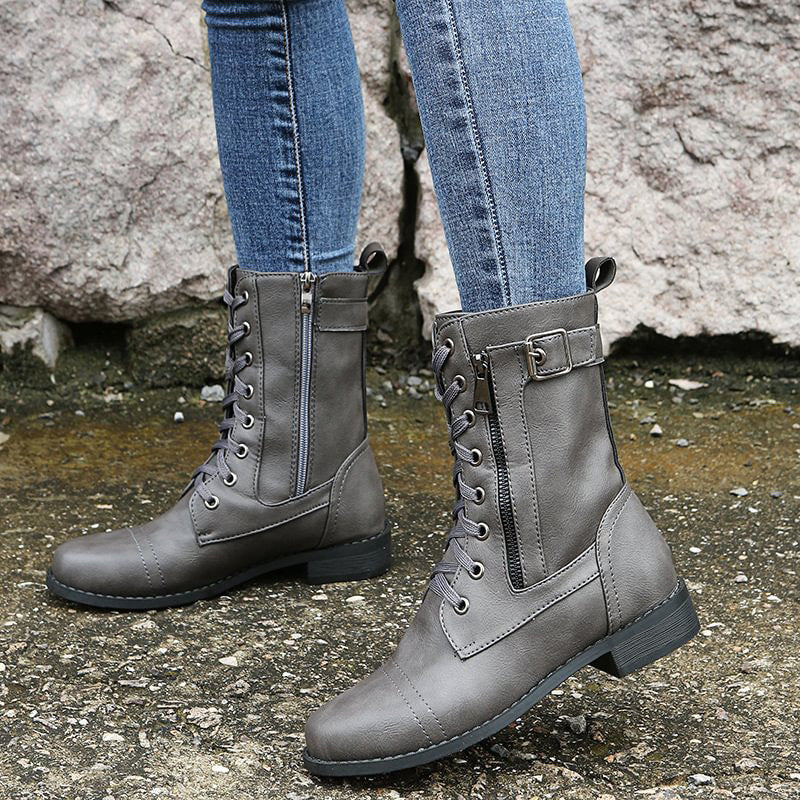 Rosalie | Damen Schnürstiefel mit Reißverschluss Flache Stiefel