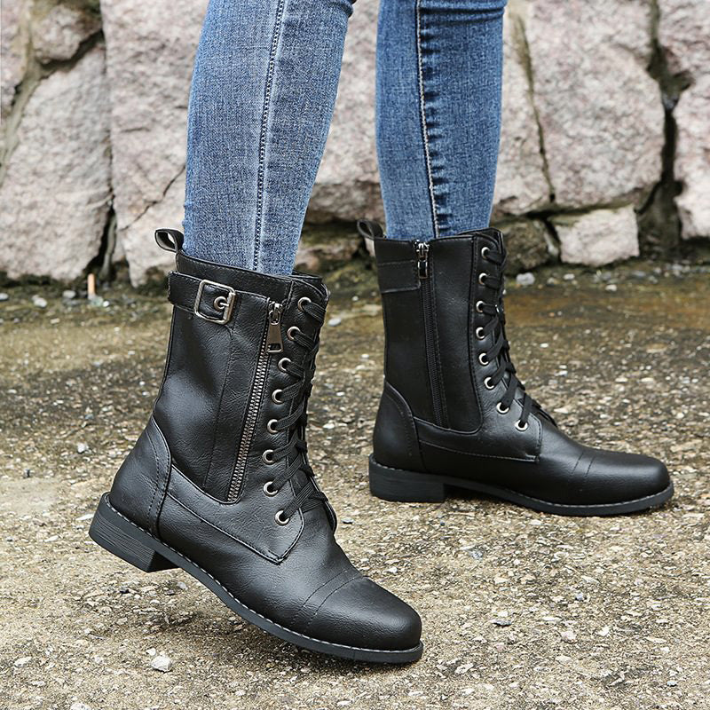 Rosalie | Damen Schnürstiefel mit Reißverschluss Flache Stiefel