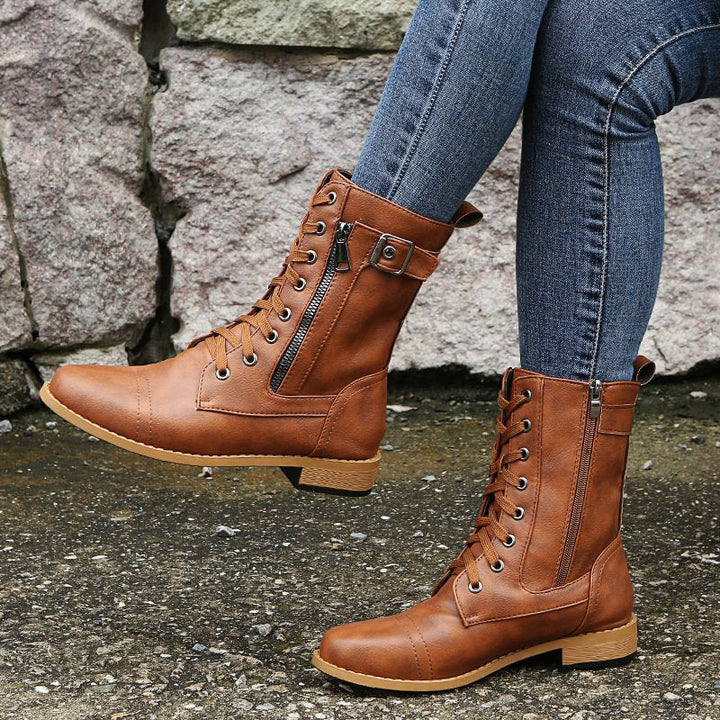 Rosalie | Damen Schnürstiefel mit Reißverschluss Flache Stiefel