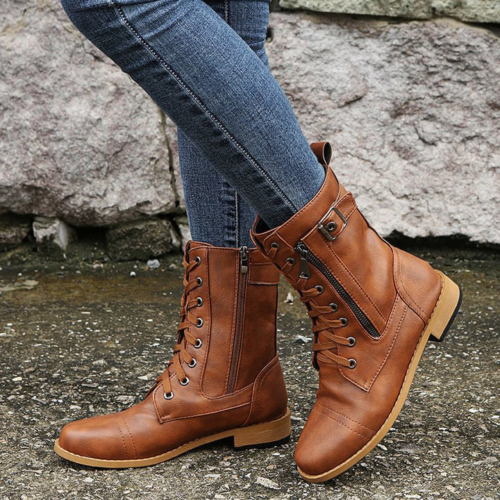 Rosalie | Damen Schnürstiefel mit Reißverschluss Flache Stiefel