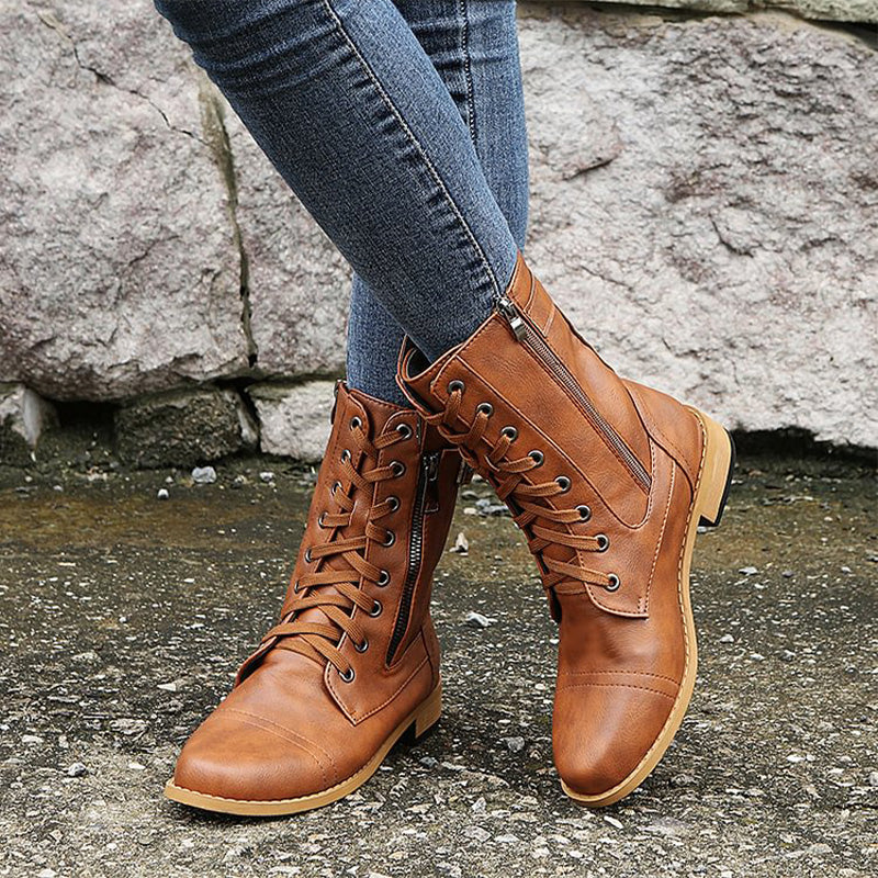 Rosalie | Damen Schnürstiefel mit Reißverschluss Flache Stiefel