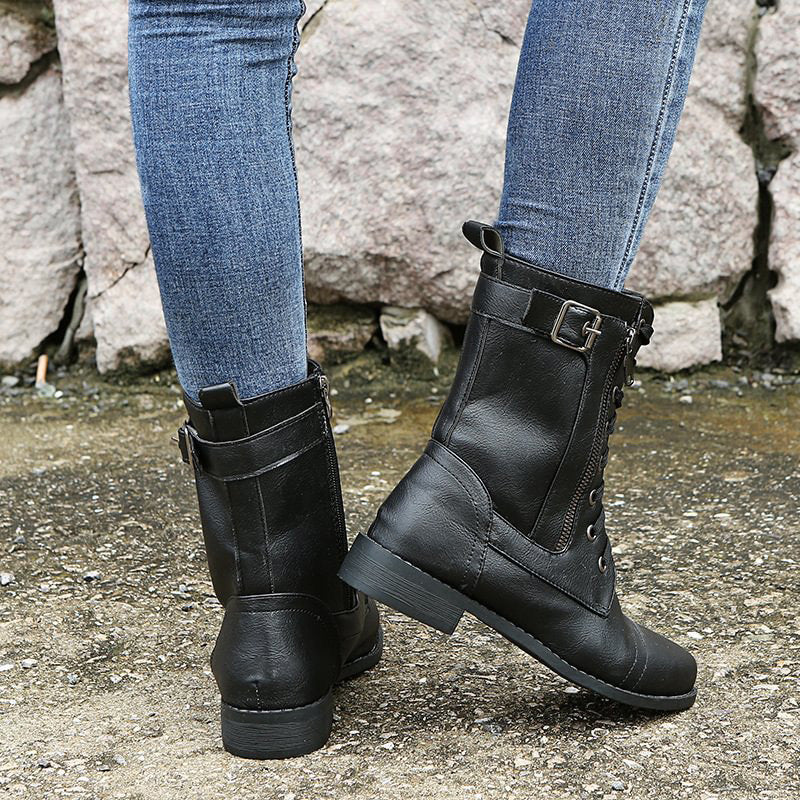 Rosalie | Damen Schnürstiefel mit Reißverschluss Flache Stiefel