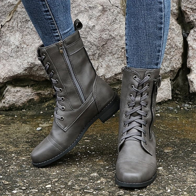 Rosalie | Damen Schnürstiefel mit Reißverschluss Flache Stiefel