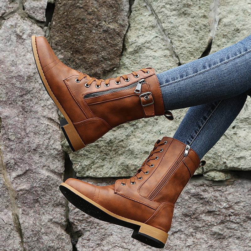 Rosalie | Damen Schnürstiefel mit Reißverschluss Flache Stiefel